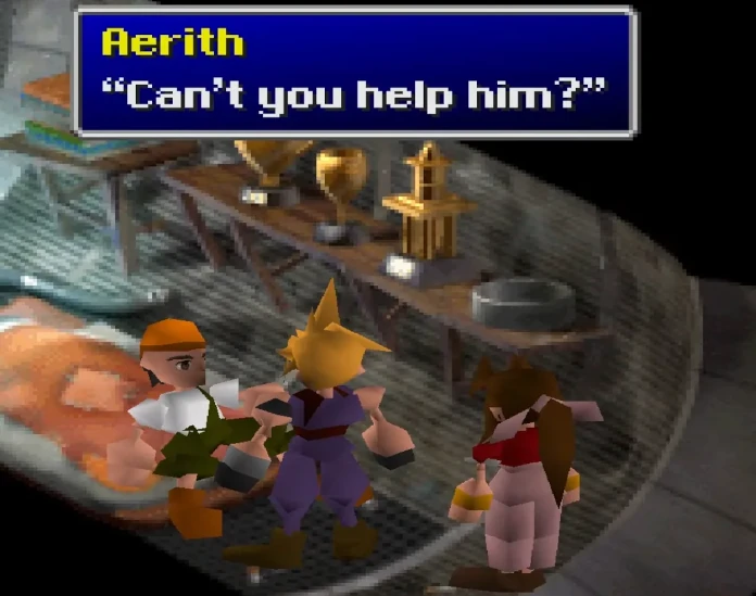 Aerith and Cloud with the ailing man in FF7, PSX. Aerith: Can't you help him?