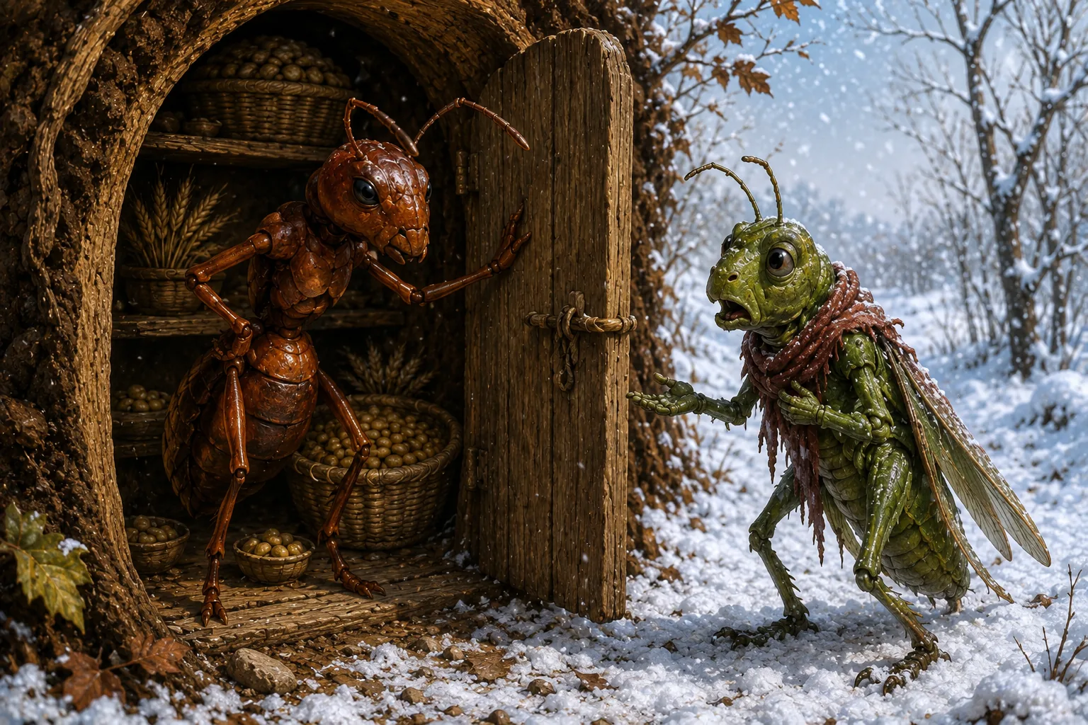 AI generated image of Aesop's the Ant and the Grasshopper fable