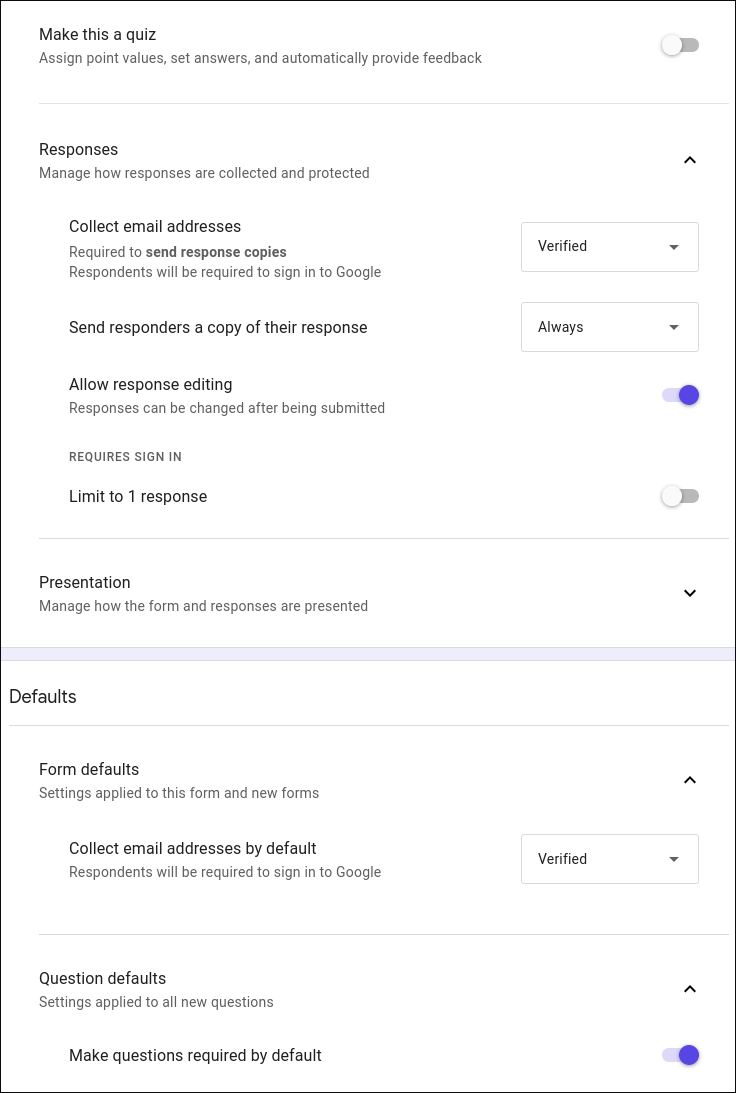 Screenshot of the settings of a google form